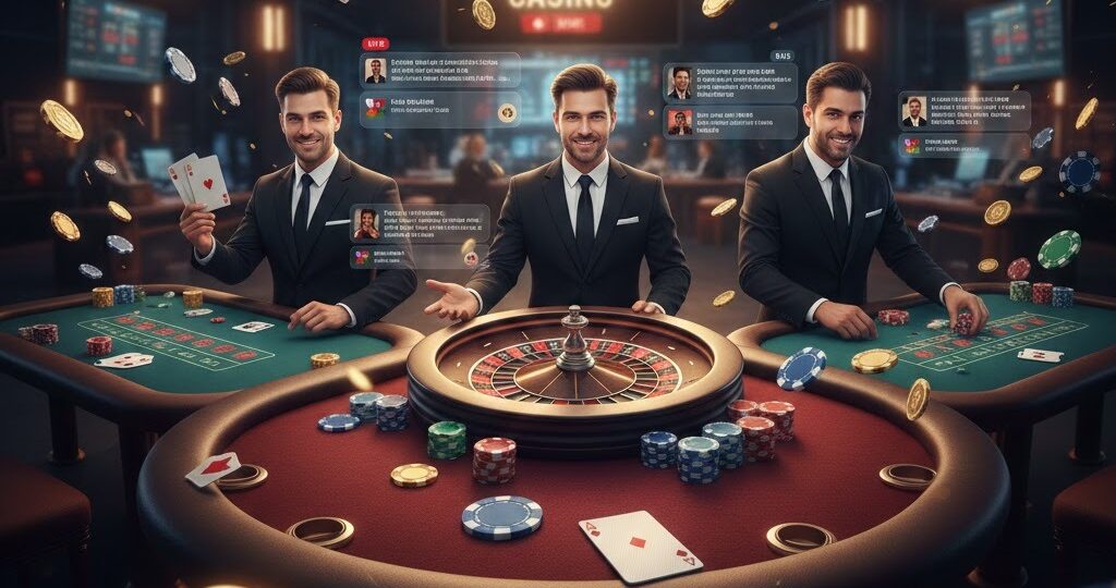 Dealer profesional di kasino live online, dengan meja blackjack, roda roulette berputar, dan pemain berinteraksi melalui streaming real-time di 12Hoki.