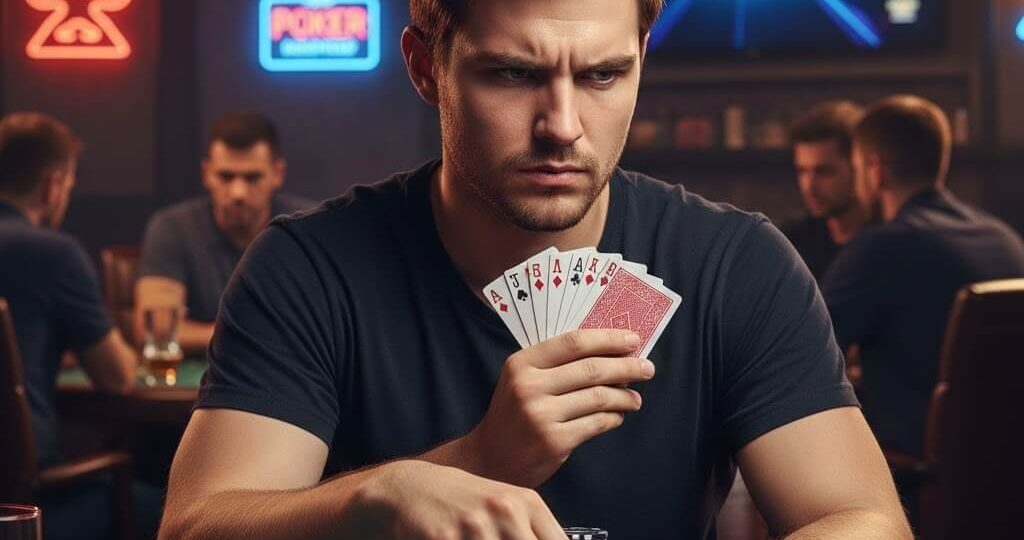 Pemain poker pemula fokus di meja dengan kartu dan chip, suasana tegang, menunggu giliran taruhan, platform Dewiku88 Login.