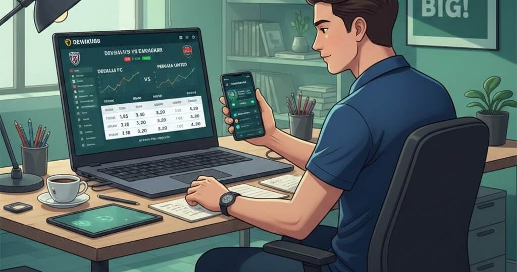 Pemain sportsbook profesional menganalisis statistik tim dan odds live di laptop dan smartphone dengan ekspresi fokus, suasana realistis di meja modern