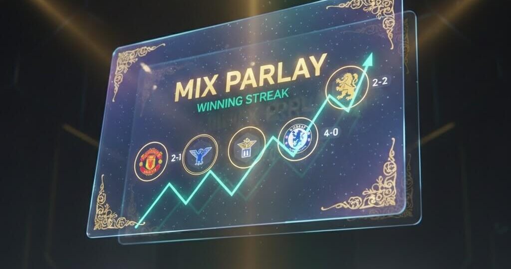 Tampilan grafik kemenangan Mix Parlay taruhan bola dengan logo tim, menunjukkan streak kemenangan dan prediksi hasil pertandingan.