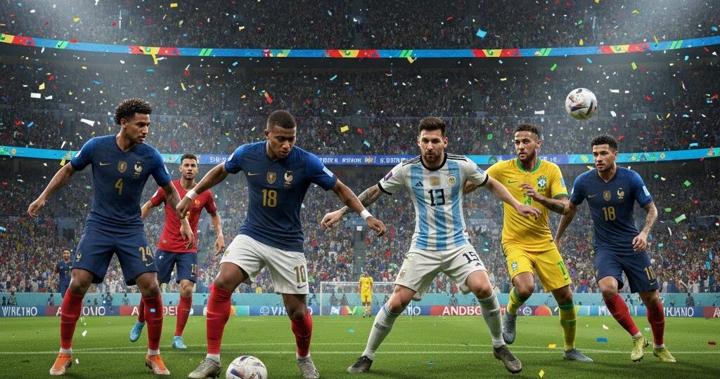 Tim nasional favorit Piala Dunia 2026 menampilkan pemain kunci seperti Mbappe, Neymar, dan Messi dalam aksi realistis
