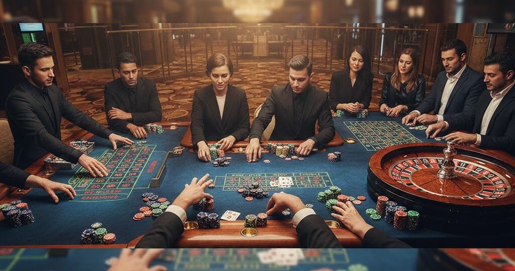Meja permainan kasino dengan RTP tinggi menampilkan blackjack, baccarat, dan roulette di platform 12Hoki Login